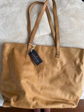 American Heritage Tan Leather Tote Bag with Dual Shoulder Straps